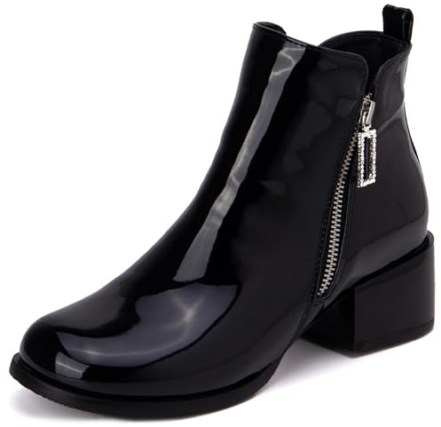 LarDorLin Cuir Verni Chelsea Femme Bloc Moyen Bottes de Cheville Hiver Bureau Confort Bout Rond Zip Mode Bottines Chunky Noir Taille 44 EU (46 Cn)