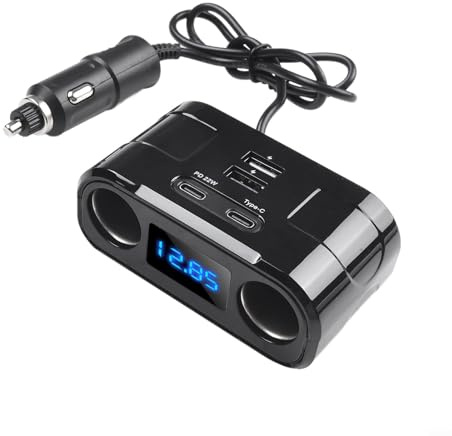 Adaptador de cargador de coche de carga rápida PD de 60 W con QC3.0 compatible con enchufes dobles para encendedor de cigarrillos, 2 puertos USB, 2 puertos PD de 12 V-24 V, divisor de alimentación
