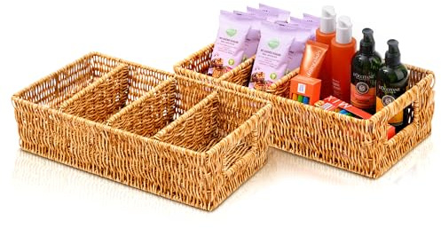 Nature-Inspired Rattan Pantry Organizer Baskets Set of 2 with 3 Removable Dividers – Handwoven Storage Bins for Kitchen or Bathroom Organization, Ideal for Snacks, Coffee & Tea (13” x 7.3” x 3.7”)