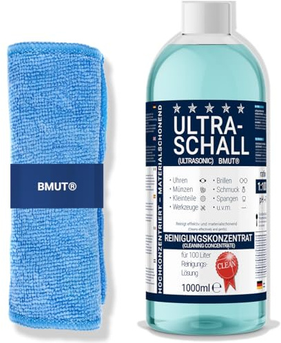 1000 ml Ultraschallreiniger Konzentrat & 40x40cm Mikrofasertuch | Flüssigkeit für Ultraschallbad | geeignet für Brillen, Schmuck, Uhren, Zahnersatz u.v.m.