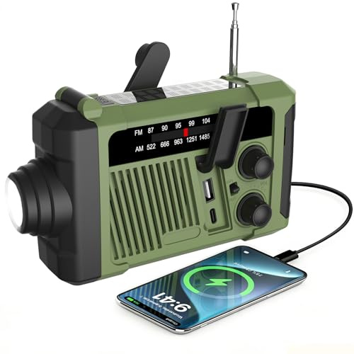 Wind Up Emergency Radio, Hand Crank Solar FM AM Radios, 6600mWh USB C Phone Charger, LED Flashlight & Reading Lamp for Indoor Outoor, Battery Powered Transist Radios with SOS Alarm (Green)