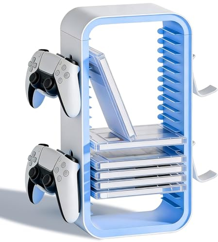 CHUNGG Universal Video Games Storage Tower DVD and Blu-Ray Disks, Controller Holders for 4, Intended for PS5/PS4/Switch and Xbox One/360/Series X/S/Game Cases, 19 Storage Rack (White&Blu)