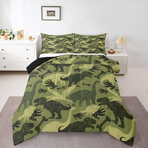 Loussiesd Kamouflage dino sängkläder set dinosaurie täcke set king size för barn pojkar flickor söt rolig grön kamouflage sovrum dekor mikrofiber 3 st med 2 örngott