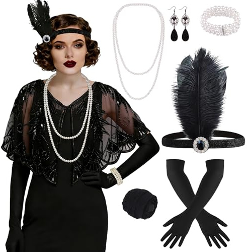 ELECLAND kostymaccessoarer, 10 delar, 1920-tals flapper, Gatsby-accessoarer, glada 20-talet, pannband, huvudbonad för kvinnor, Svart, one size