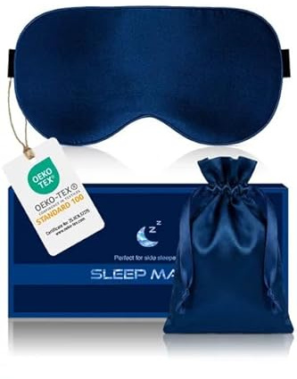 Masque de Nuit Occultant en Soie 100% Pure, Masque de Sommeil Antiallergique, avec Bandeau Réglable, Unisexe (Bleu)