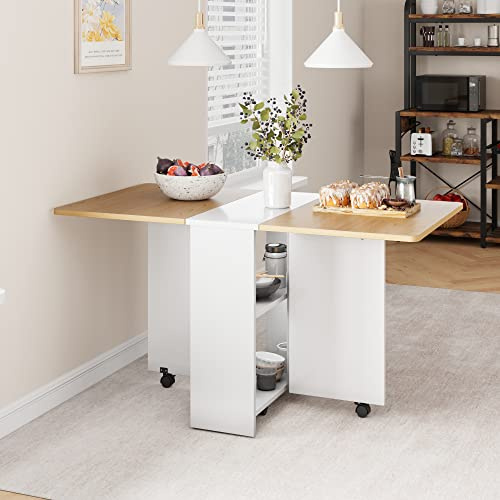 Niwugady Esstisch Klappbar, Küchentisch mit 2 Ablagen für 4-6 Personen, Mobiler Klapptisch Esszimmertisch mit Rollen für Kleine Räume, Esszimmer, Küche, 120 x 60 x 75 cm, Naturholzfarbe