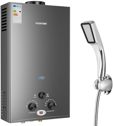Fulgutonit 18L Chauffe-Eau Gaz LPG | Compatible Butane/Propane,Démarrage Basse Pression 0.25 Bar, Minuterie Automatique 20 Minutes, Protection Contre Surchauffe