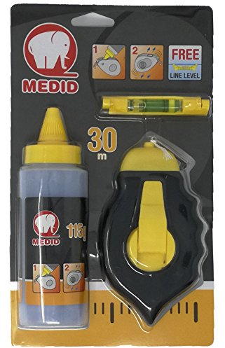 MEDID Schlagschnur-Set - 30 Meter Maurerschnur - 115 gr. blauer Schlagschnur Kreide - Richtschnur inklusive Schnurwasserwaage – robustes Schlagschnurgerät aus ABS mit Edelstahl Endhaken