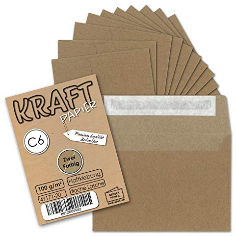 100x Briefumschläge DIN C6 Kraftpapier - Braun/Grau - 11,4 x 16,2 cm | NEUSER PAPIER - mit Haftklebung - 114 x 162 mm - Vintage Recycling Kuverts - Kraftpapier - selbstklebend -