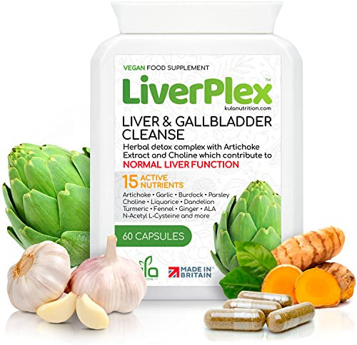LiverPlex - 15 Day Liver Cleanse Detox and Repair Complex - Herbal Liver and Gallbladder Support Supplement with Choline, Artichoke, Garlic, Liquorice, Fennel, Turmeric, Ginger - 60 Vegan Capsules