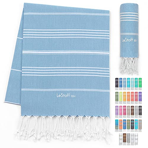 LeStoff Telo mare - 100% Cotone bio, 95 x 180 cm, Prelavato, Assorbente, Asciugatura Rapida, Leggero, Fouta, Telo Spiaggia, Telo Bagno, Telo Yoga, Telo Sauna, Asciugamano Sportivo (Light Blue)