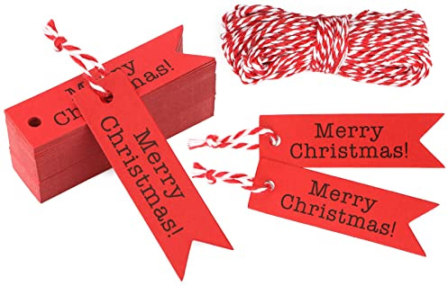 Etichette Regalo di Natale in Carta Kraft 7x2 cm con inglese Merry Christmas, per Decorazione Natalizia, con 20M Spago Rosso e Bianco (rosso)