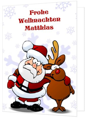 XXL riesige DIN A4 Weihnachtskarte, der gesamte Text wird angepasst | Weihnachtsmann mit Rudolf das Rentier, offen DIN A3, inklusive Umschlag. Klappkarte, beidseitig bedruckt