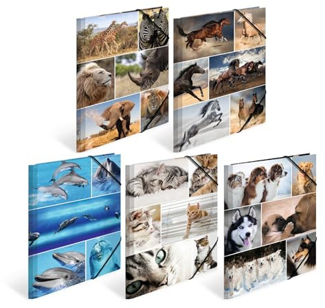 HERMA Sammelmappen A4 Tiermotive Set, 10 Stück, Kinder Eckspanner-Mappen aus Pappe mit Tier Motiv, Gummizug, Innenklappen und Innendruck für Jungen und Mädchen