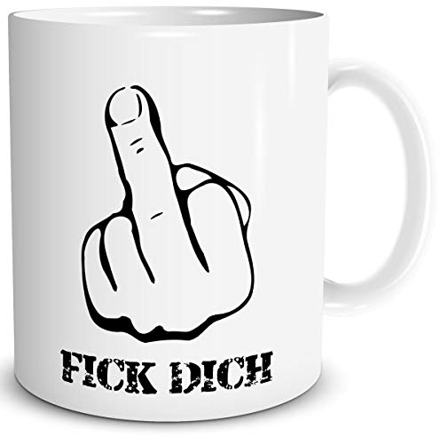 TRIOSK Tasse Mittelfinger mit Spruch lustig Fick Dich Stinkefinger Geschenk für Arbeit Büro Frauen Freundin Männer Kollegen Weiß, Keramik 300ml