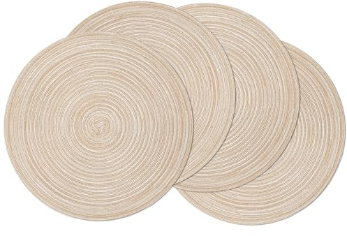 SHACOS Round Braided Placemats Set of 4 Round Table Mats for Dining Tables 15 inch Non Slip Washable Kitchen Table Place Mats Natural Farmhouse Decor (Beige, 4)