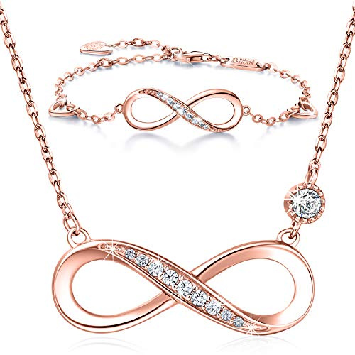Billie Bijoux Infinity Unendlichkeit Symbol Damen Armband Halskette 925 Sterling Silber Zirkonia Armkette Verstellbar Armband Halsketten Schmuck-Set (B-Rose Gold)