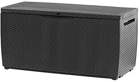 Deuba® Capri 310 Litre Rattan Effect Garden Storage Box by KETER | 123x53x58cm Bench With 240kg Capacity | Lockable Cushion Organiser | Chest With Wheels Rollers | UV Resistant | Anthracite
