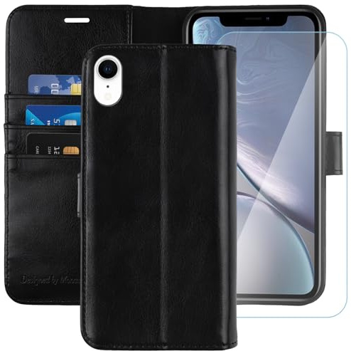 iPhone XR Wallet Case,6.1-inch,MONASAY [Glass Screen Protector Included] Flip Folio Leather Cell Phone Cover with Credit Card Holder for Apple iPhone XR,Black