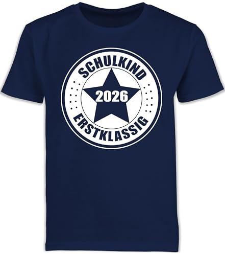 Kinder T-Shirt Jungen - Junge - Schulkind 2026 Erstklassig Geschenk Einschulung Geschenke Schulanfang I - 128 (7/8 Jahre) - Navy Blau - einschulungsshirt Outfit 1.Schultag schulanfänger 2025