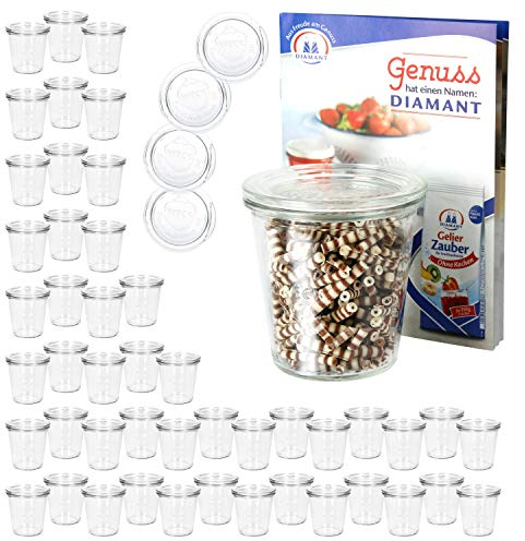 MamboCat 48er Set Weckgläser mit Deckel Sturzglas 290 ml I Original Weck Sturzglas Dessertglas I Einweckgläser mit Deckel für Kuchen Gelees UVM I inkl. Diamant-Zucker Gelierzauber Rezeptheft