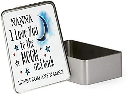 Giftme Personalised Nanna I love You To The Moon And Back Portable Metal Tin Storage Box Biscuit Chocolate Emergency Stuff Tin Birthday Present. (Rectangular)