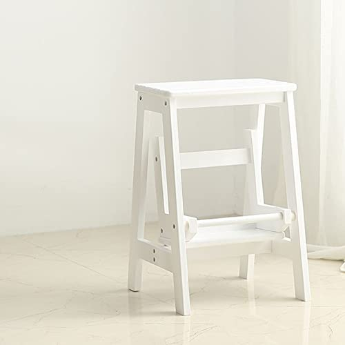 Silla de Escalera Taburete de Escalera 2 Paso, Pasos Grandes de Madera Escalera Multifunción Cocina Plegable Paso Seguridad Nacional de Zapatilla Banda de Rodadura Banco/Rack de Flores, Blanco