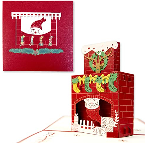 TOG BEG® 3D Pop-up Grußkarte mit Motiven Backsteinkamin und Weichnachtsmann kopfüber in Kamin kommt, zum Weichnachts und Winterferien für Familie, Freunde, Mitarbeiter oder Lehrer inkl. Umschlag