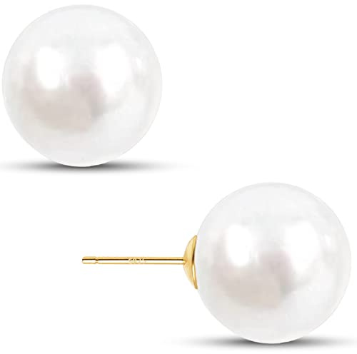 EFTKOY Big Pearl Earrings 18K Gold Plated Sterling Silver Large Faux Round Studs White Pearl Earrings for Women - 12mm