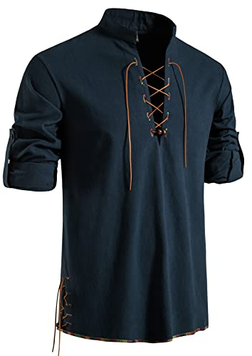 LucMatton Herren Retro Schnürung Mittelalter Kostüm Shirts für Halloween Cosplay Wikinger Pirat Steampunk Vampir Renaissance Gothic Viktorianische Kleidung Navy X-Large