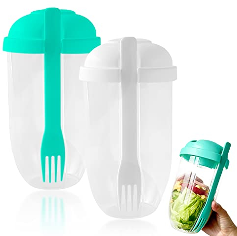 Set of 2 Salad Mugs with Fork, Box & Brush; Meal Shaker, Reusable, Portable Fruit and Vegetable Mug Container for Work, School, Camping (White, Green)