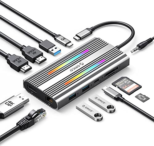 Docking Station, USB 3.0 Hub ORICO 12 en 1, HDMI 4K Dual, DP 4K@60HZ, PD 100W, Ethernet, 3 USB 3.0, SD/TF, 3,5mm Audio, 14 Modos de iluminación RGB, concentrador USB Compatible para Windows/Mac OS