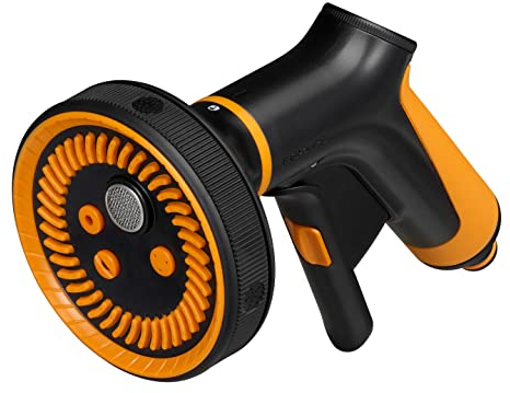 Fiskars Sprühpistole Multi, 5 Funktionen, Stufenlos regelbarer Durchfluss, Mit Frontregler und Ein/Aus-Verriegelung, SoftGrip, Universalgröße, Schwarz/Orange, 1065482