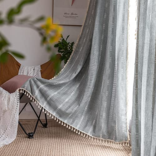 Nyescasa Boho Vorhänge Landhausstil Baumwolle Leinen Quaste Gardinen Grau Vintage Bestickte Vorhänge mit Ösen Lichtdurchlässig Vorhänge für Wohnzimmer Schlafzimmer Dekoschal 2 Stück 200x140cm(H×B)