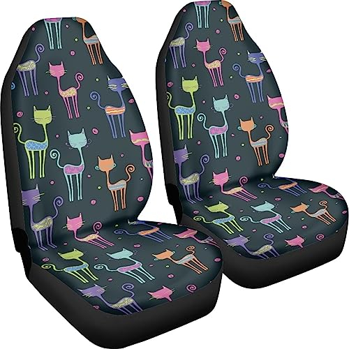 Poceacles Autositzbezüge, bunt, Cartoon-Katzen-Druck, Autozubehör, Innendekoration, 2er-Set, Autositzschoner für SUV, LKW, Fahrzeug, Lieferwagen, Limousine