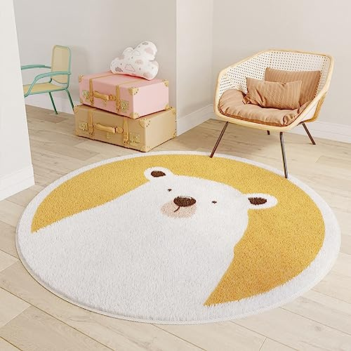iyoimono Kinderzimmer Teppich Rund 140cm Beige Muster Kinderteppich, Spielteppich für Wohnzimmer Dekorative Schlafzimmer Kurzer Plüsch Schöner Rutschfester Teppich Gelber Bär Runder Haustierteppich