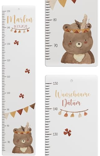 Kidsmood - Personalisierte Messlatte Kinder aus Aluverbund – Hochwertige Messleiste & Wand-Deko für Kinderzimmer mit abenteuerlichem Bär – Tolles Taufgeschenk für Mädchen & Jungen - Skala 65-140cm