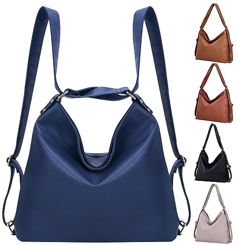 Bestash Damen Rucksack Leder,Handtasche Rucksack Tasche 2 In 1,Einfarbig Elegant Schultertasche für Alltag Arbeit Ausflug Schule Einkaufen Geeignet （Blau）
