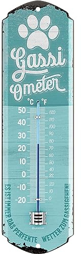 LANOLU Cartel de chapa retro con termómetro de gassi, termómetro analógico para perros, decoración para jardín, cartel vintage, cartel de chapa para perros, regalos 8 x 28 cm