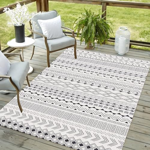 Vamcheer In-& Outdoor Modernes Teppich- robuster Teppiche, Ideal für Küche und Esszimmer, Teppich Läufer Vintage-Optik, Boho Geometrisches Style,Balkon Terrasse, schwarz 120x170
