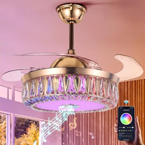 MORE CHANGE 42 Crystal Chandelier Ceiling Fan with Light Bluetooth Speaker, Modern Rose Gold Fandelier Ceiling Fan and Remote Dimmable RGB Colors Retractable Blades for Living Room