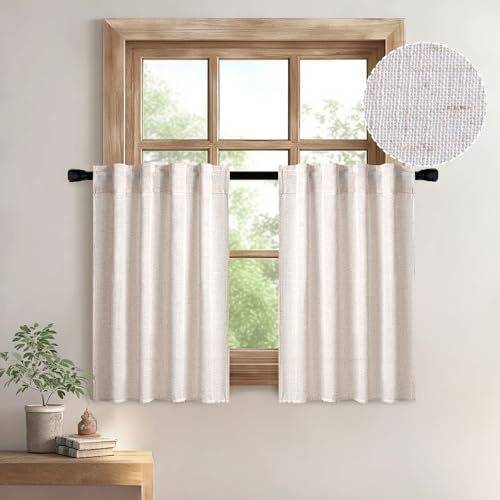 MIULEE Kitchen Curtain 24 Inch Long 2 Panels Natural Linen White Farmhouse
