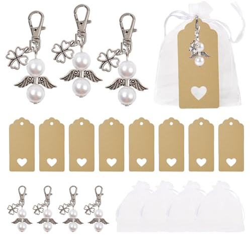 KiKiHong 30 Stück Schutzengel Anhänger Schutzengel Schlüsselanhänger Mit Glücklichem Vierblättrigem Kleeblatt Organzabeutel für Hochzeit Gastgeschenke Geschenk Taufe Gastgeschenke Geburtstag