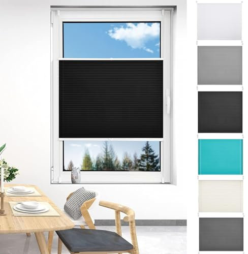 Plissee Ohne Bohren Verdunkelung 75 x 100 cm Verdunklungsplissee Lichtundurchlässig Plisseerollo Plisses Plisse inkl. Zubehör für Fenster & Tür, Schwarz