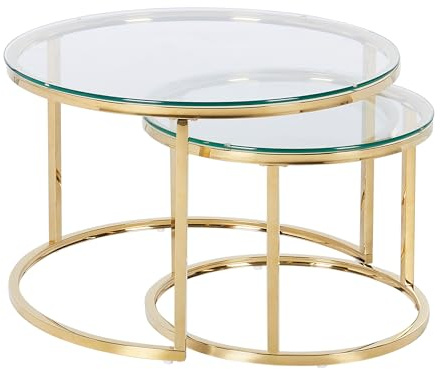 Beliani Couchtisch 2er Set Edelstahl Glas Gold rund Glamour Stil Grange