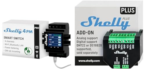 Shelly Pro 4PM | Wlan, LAN & Bluetooth 4 Kanäle Smart Relais mit Leistungsmessung & Plus Add-On, Smart Home Schnittstelle Plus Relais, Digitale Steuerung