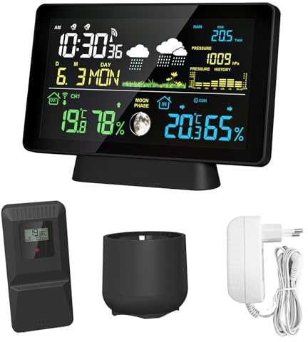 Mulcort 7,5 Zoll Farbdisplay Wetterstation, Regenmesser, Temperatur- und Luftfeuchtigkeitszähler Innen und Außen, Wetterstation mit Mondphasenanzeige, Druckanzeige