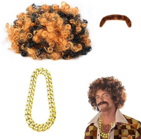 PIMXL Perücke Locke, Unisex Afro Perücke 70er Jahre Disco Dude Dirt Bag Perücke Halskette, Kurz Lockig Herren Perücke Hellbraun Lockenkopf für Fasching Kostüm Halloween (Schwarz)