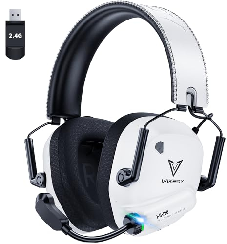 Vakedy Casque de jeu sans fil pour PC, PS5, PS4, Mac, Switch, casque antibruit avec micro, dongle USB à faible latence 2,4 GHz, Bluetooth 5.4, pilote audio 3D de 50 mm, lumières RVB, batterie 50H