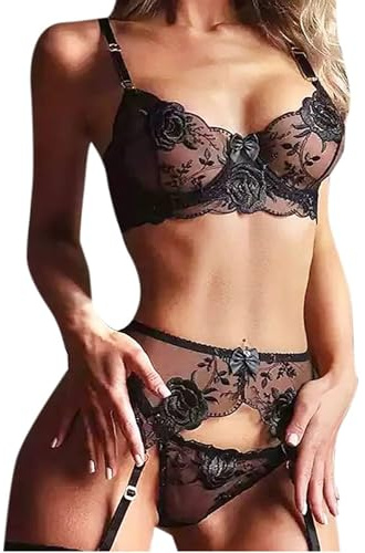 MIZSPISE Set di Biancheria Intima Sexy da Donna Cinghie di Biancheria Intima Reggiseno e Slip con Ferretto Babydoll con Ricamo Floreale con Reggicalze (Nero, L)